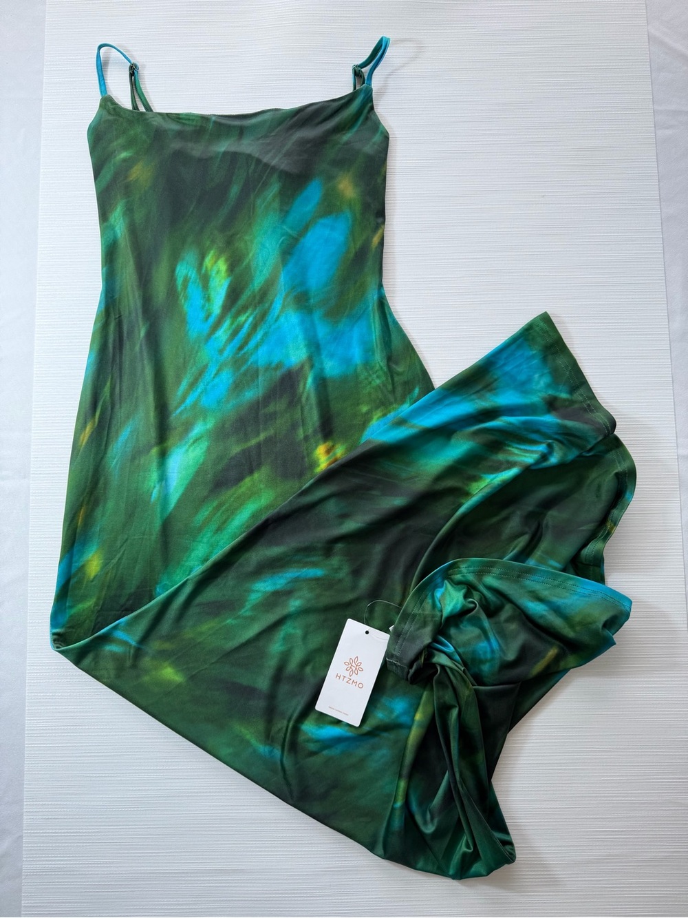 HTZMO Green Blue Abstract Print Maxi Dress Spaghetti Strap Bodycon Size S NWT
